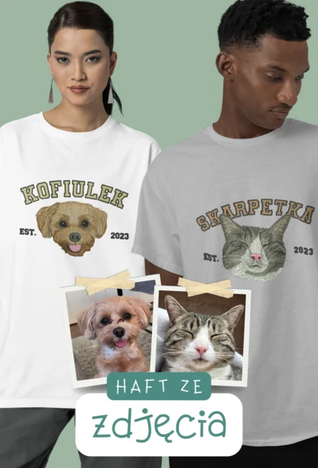 Personalizowana Koszulka Haftowana - ze Zdjęcia Twojego Zwierzaka - Imię i Data