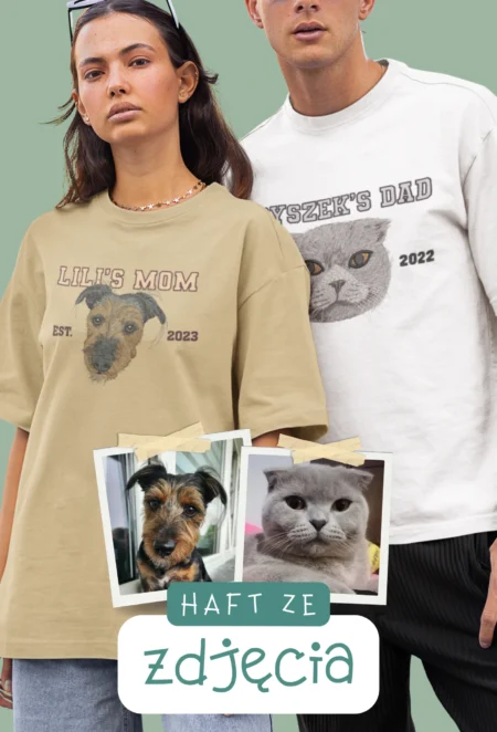 Personalizowana Koszulka Haftowana - ze Zdjęcia Twojego Zwierzaka - DAD/MOM