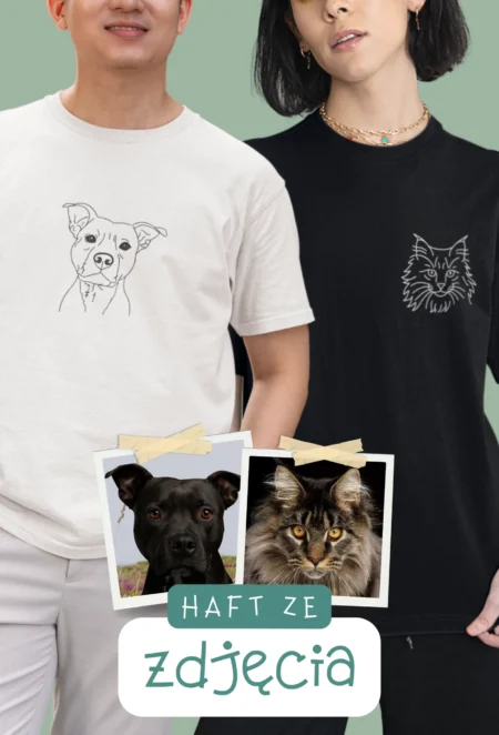 Personalizowana Koszulka Haftowana - ze Zdjęcia Twojego Zwierzaka/ów - GŁOWA - LINE ART