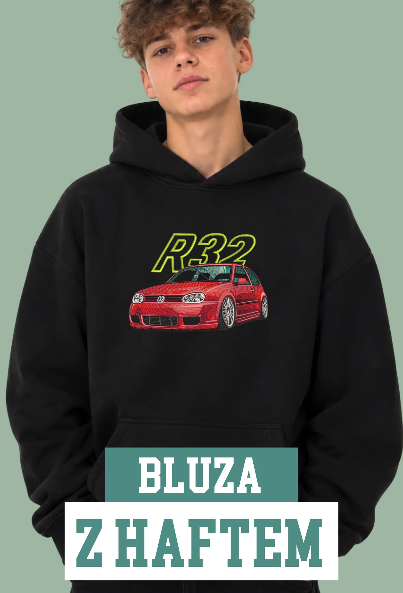 Bluza z Haftem - Czerwony Volkswagen Golf MK4 R32 z Napisem